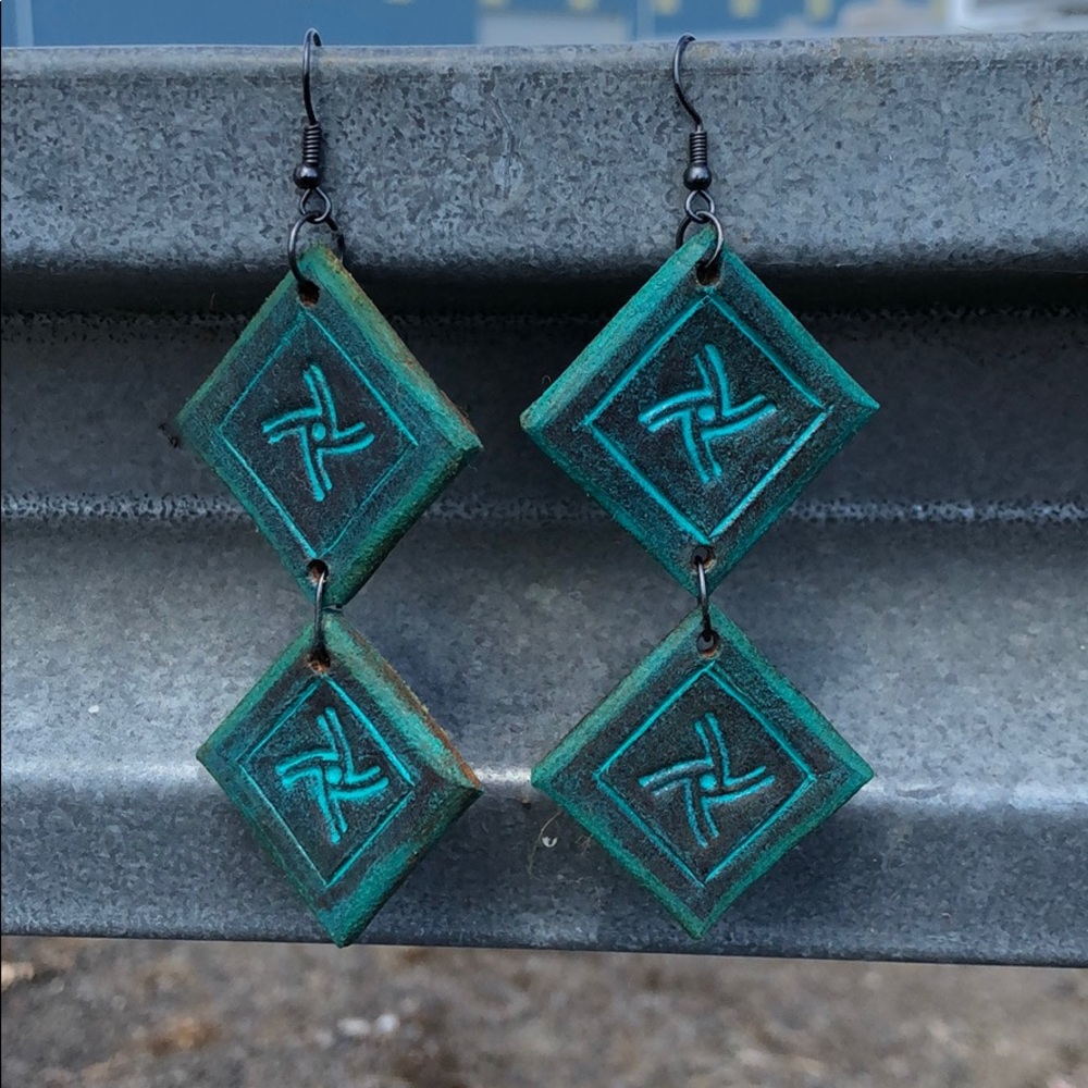 Handmade Tooled Turquoise Leather Earrings ✨